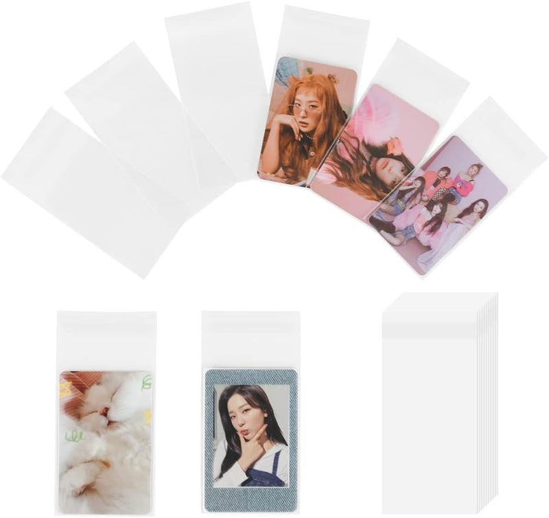 baskiss 100 Packs Photocard Sleeves, 59 x 90 mm 200 Microns Kpop Clear Sleeves Idol Photo Cards Transparent Protector Trading Cards Shield Cover (Sealable) - Image 1